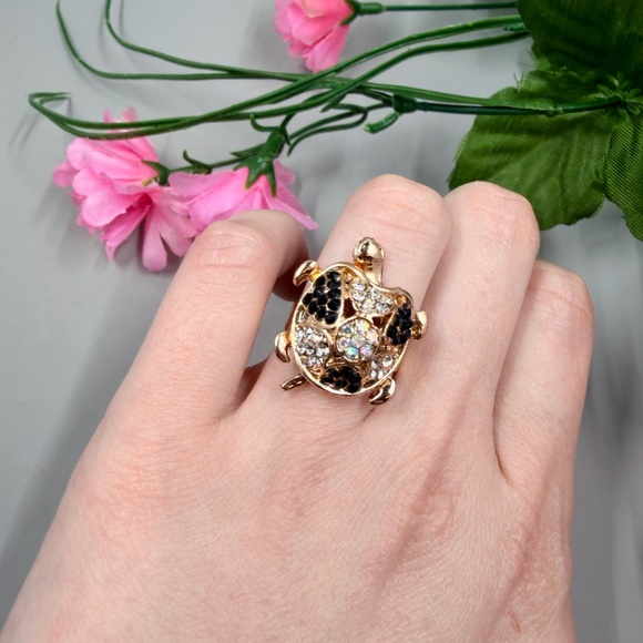 Jewelry - Gold Turtle Cocktail Ring with Black and Clear Crystals with Aurora Borealis